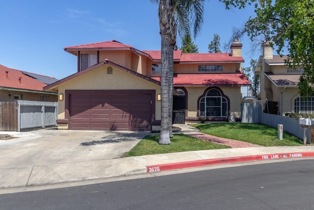 3626 E Stewart Ct, Visalia, CA 93292 - view of front of house featuring stucco siding, a garage, concrete driveway, and a chimney