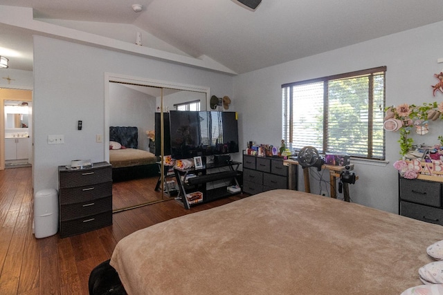3626 E Stewart Ct, Visalia, CA 93292 - bedroom with wood finished floors, lofted ceiling, and a closet