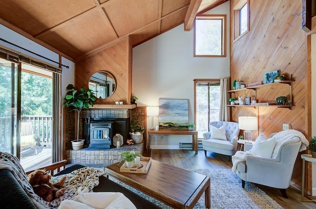living area with wooden walls, wooden ceiling, wood finished floors, beam ceiling, and baseboards