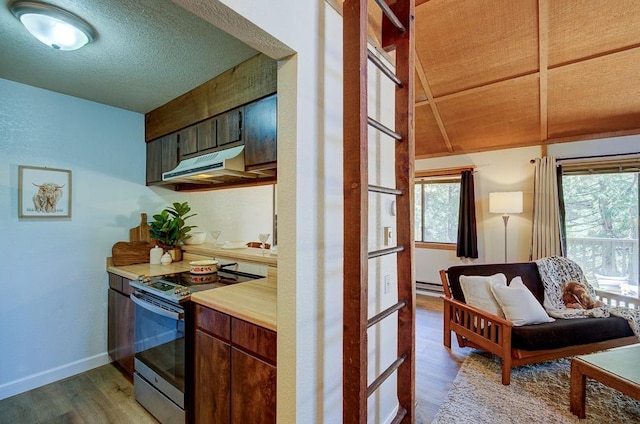 kitchen with stainless steel electric range oven, under cabinet range hood, wood finished floors, and healthy amount of natural light