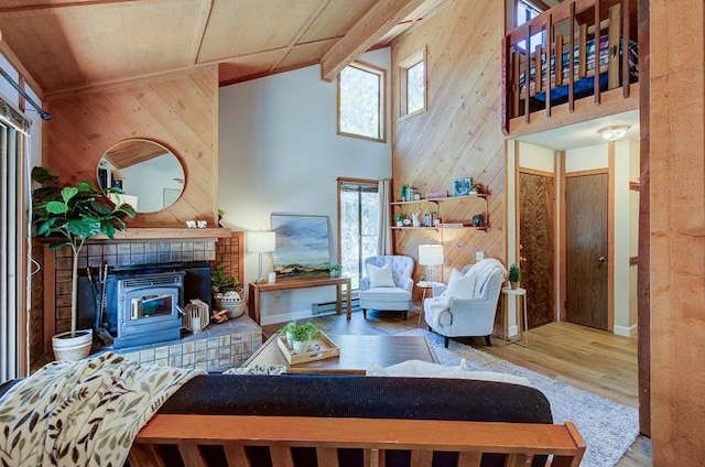 living area with wooden walls, plenty of natural light, wood finished floors, wooden ceiling, and baseboard heating