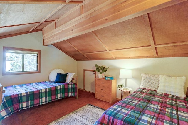 carpeted bedroom featuring lofted ceiling