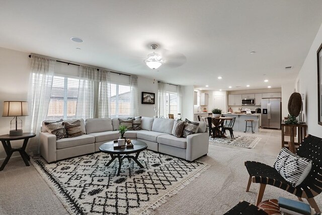 1890 Richard Ave Unit 2054S, Sanger, CA 93657 - living room with light carpet, ceiling fan, and recessed lighting