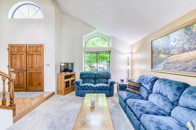 living area featuring carpet, a textured ceiling, and high vaulted ceiling