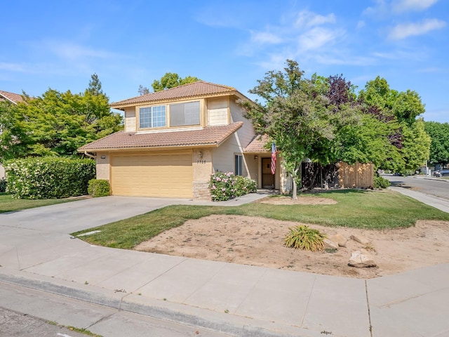 traditional-style house with a tile roof, an attached garage, concrete driveway, and brick siding