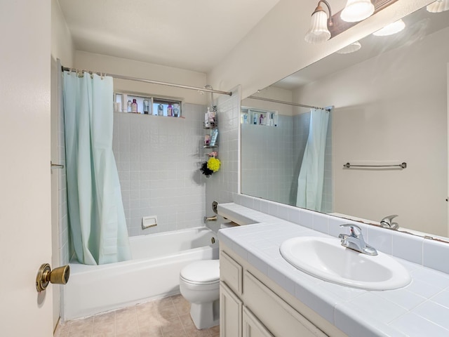 full bathroom with toilet, shower / bath combo, and vanity