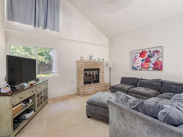 living area featuring light carpet, high vaulted ceiling, a fireplace, a textured ceiling, and baseboards