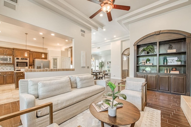 7762 N Hillsdale Dr, Fresno, CA 93720 - living area featuring ceiling fan, recessed lighting, and dark wood-type flooring