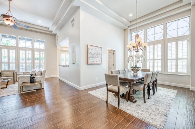 7762 N Hillsdale Dr, Fresno, CA 93720 - dining room featuring a chandelier, baseboards, a towering ceiling, a ceiling fan, and recessed lighting