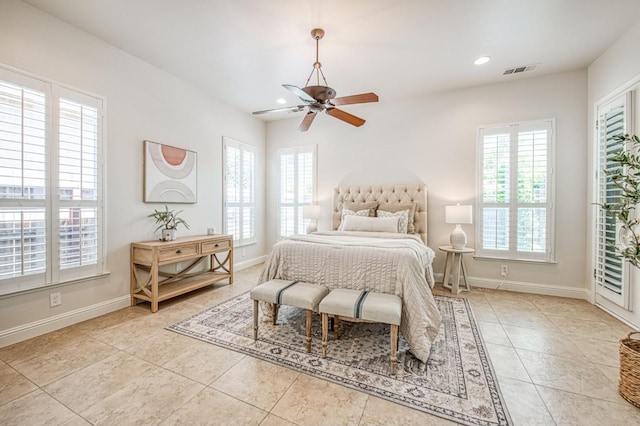 7762 N Hillsdale Dr, Fresno, CA 93720 - bedroom featuring tile patterned floors, baseboards, recessed lighting, and a ceiling fan
