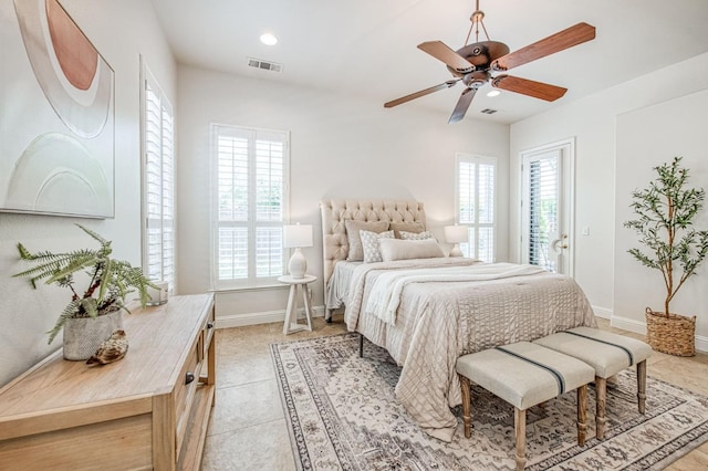 7762 N Hillsdale Dr, Fresno, CA 93720 - bedroom with baseboards, recessed lighting, access to outside, light tile patterned flooring, and ceiling fan