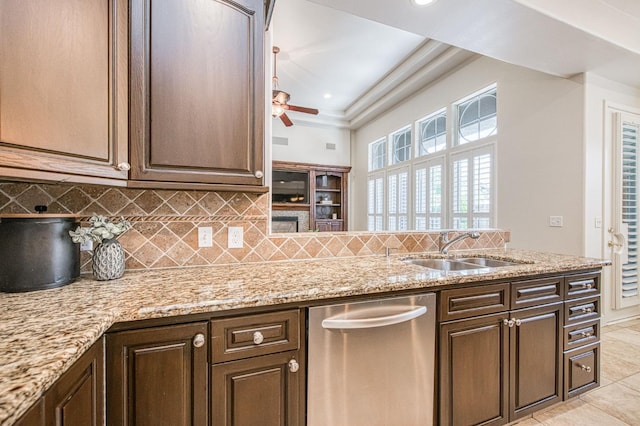 7762 N Hillsdale Dr, Fresno, CA 93720 - kitchen with dishwasher, a sink, decorative backsplash, ceiling fan, and dark brown cabinets