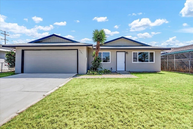 single story home featuring a garage, concrete driveway, and stucco siding