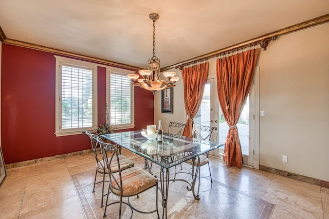 2589 W Lake Van Ness Cir, Fresno, CA 93711 - dining room featuring a chandelier, french doors, baseboards, and crown molding