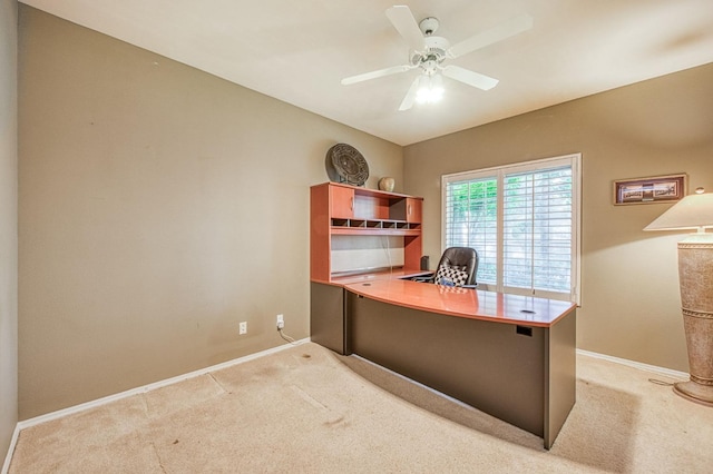 2589 W Lake Van Ness Cir, Fresno, CA 93711 - home office with light colored carpet, baseboards, and ceiling fan