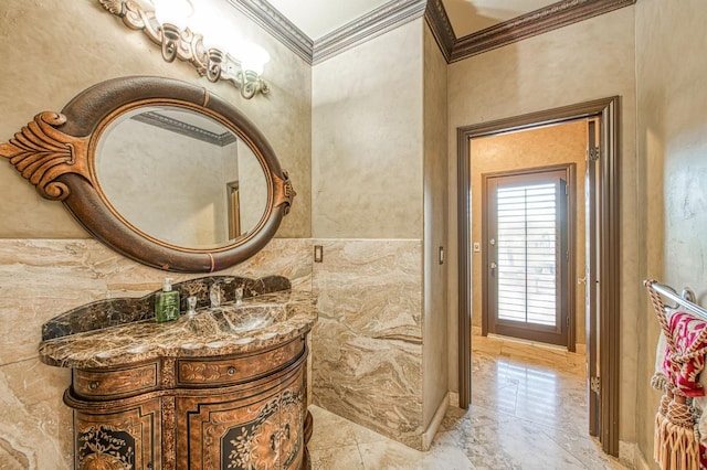 2589 W Lake Van Ness Cir, Fresno, CA 93711 - bathroom featuring marble tiled flooring, crown molding, and vanity