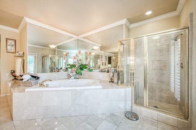 2589 W Lake Van Ness Cir, Fresno, CA 93711 - full bathroom featuring a bath, a stall shower, and crown molding