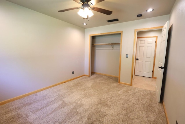 7784 S Del Rey Ave, Del Rey, CA 93616 - unfurnished bedroom featuring light carpet, recessed lighting, a closet, baseboards, and ceiling fan