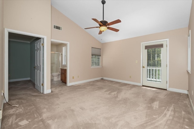 39976 Pierce Lake Dr, Oakhurst, CA 93644 - unfurnished bedroom with light colored carpet, baseboards, high vaulted ceiling, access to outside, and ceiling fan