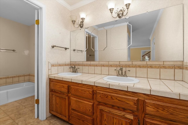 39976 Pierce Lake Dr, Oakhurst, CA 93644 - bathroom featuring crown molding, tile patterned flooring, double vanity, and a bathtub