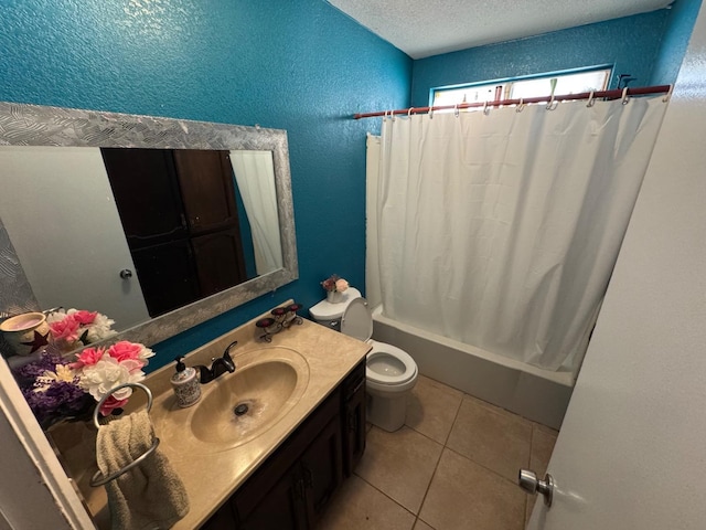 full bathroom featuring a textured ceiling, tile patterned floors, vanity, shower / bath combo, and toilet
