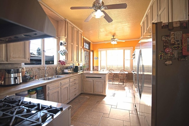 340 N Fulton St, Fresno, CA 93701 - kitchen with appliances with stainless steel finishes, stone tile flooring, ventilation hood, tile countertops, and a sink
