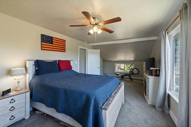 42640 Pinecone Ln, Auberry, CA 93602 - bedroom with a textured ceiling, carpet floors, lofted ceiling, baseboards, and a ceiling fan