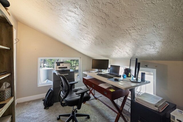42640 Pinecone Ln, Auberry, CA 93602 - carpeted home office with vaulted ceiling, baseboards, and a textured ceiling