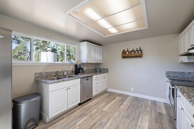 42640 Pinecone Ln, Auberry, CA 93602 - kitchen featuring appliances with stainless steel finishes, a sink, under cabinet range hood, light wood-style floors, and white cabinetry
