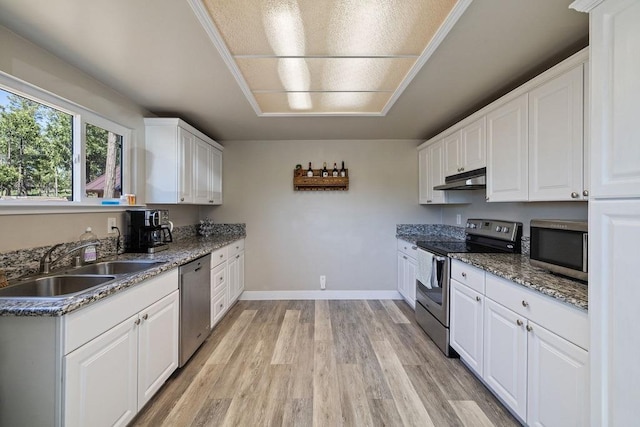 42640 Pinecone Ln, Auberry, CA 93602 - kitchen with stainless steel appliances, a sink, under cabinet range hood, white cabinetry, and light wood-style floors