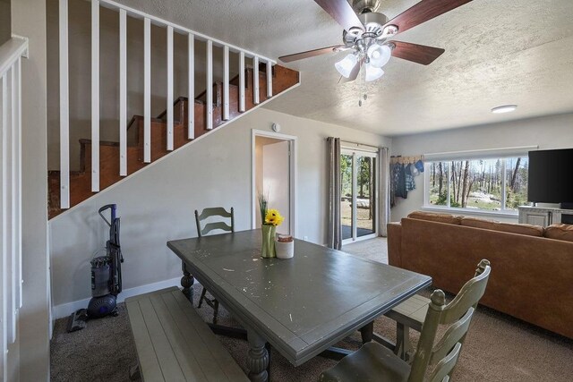 42640 Pinecone Ln, Auberry, CA 93602 - dining area with a textured ceiling, carpet flooring, ceiling fan, and baseboards