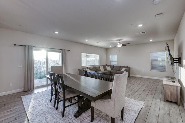 99 N Whittier Ave, Fresno, CA 93727 - dining space featuring baseboards, light wood-style flooring, ceiling fan, and recessed lighting