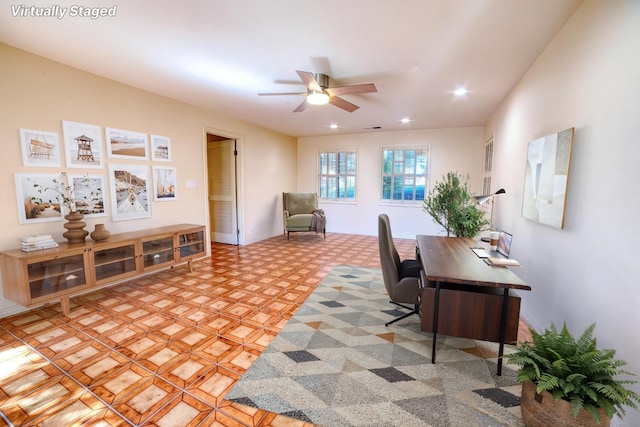 643 Park Ln, Madera, CA 93637 - office area with a ceiling fan and recessed lighting