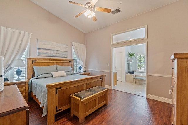 6423 N Bain Ave, Fresno, CA 93722 - bedroom with baseboards, high vaulted ceiling, dark wood-type flooring, and a ceiling fan