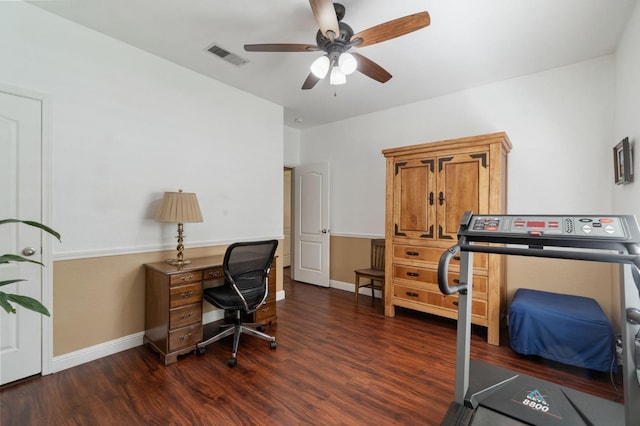 6423 N Bain Ave, Fresno, CA 93722 - office area featuring wood finished floors, ceiling fan, and baseboards
