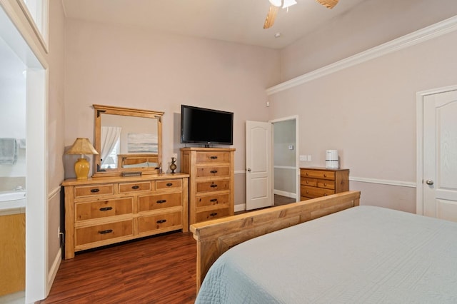6423 N Bain Ave, Fresno, CA 93722 - bedroom with dark wood-style flooring, a high ceiling, baseboards, a ceiling fan, and a sink