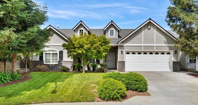 6423 N Bain Ave, Fresno, CA 93722 - view of front facade featuring brick siding, concrete driveway, a front lawn, a garage, and a shingled roof