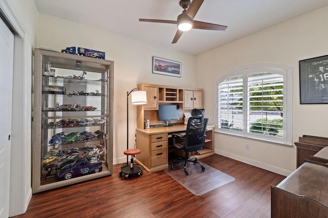 6423 N Bain Ave, Fresno, CA 93722 - office area featuring ceiling fan, dark wood-type flooring, and baseboards