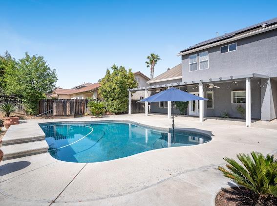 view of pool featuring a patio, a fenced backyard, and a pergola
