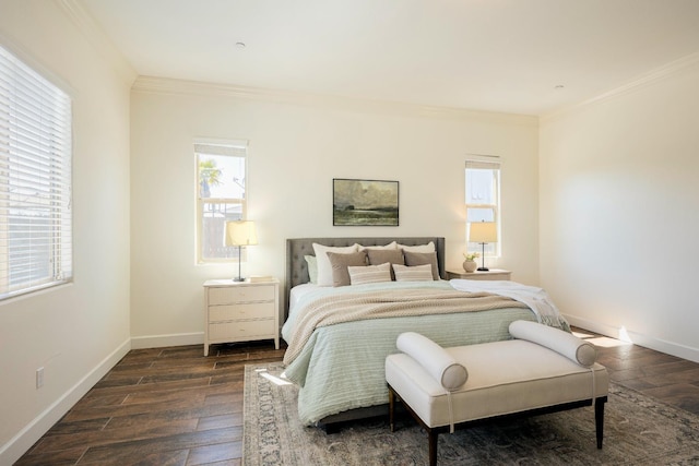 3636 Elberta Cir, Dinuba, CA 93618 - bedroom featuring multiple windows, crown molding, dark wood-style flooring, and baseboards