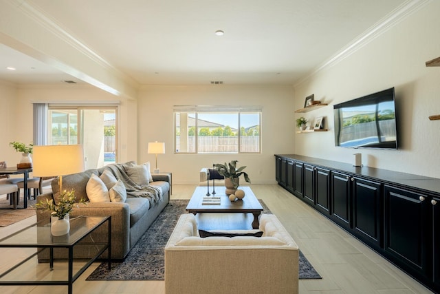 3636 Elberta Cir, Dinuba, CA 93618 - living area featuring plenty of natural light, ornamental molding, light wood-style floors, and recessed lighting