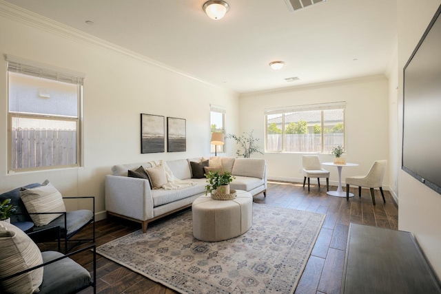3636 Elberta Cir, Dinuba, CA 93618 - living area featuring ornamental molding, dark wood finished floors, and baseboards