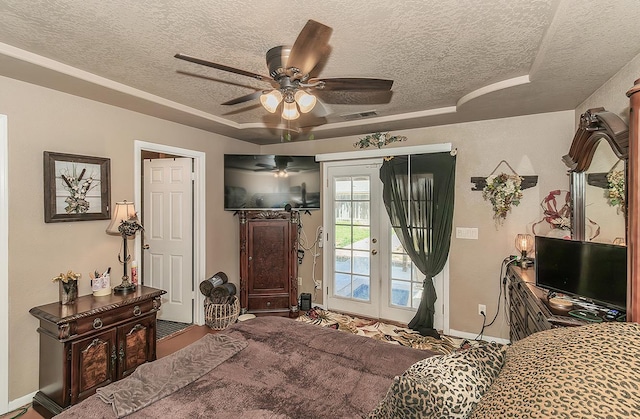 3732 W Garland Ave, Fresno, CA 93722 - bedroom featuring a textured ceiling, access to outside, baseboards, ceiling fan, and carpet flooring