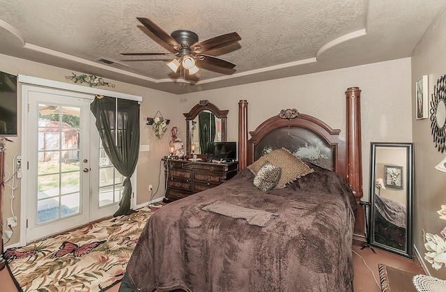 3732 W Garland Ave, Fresno, CA 93722 - carpeted bedroom featuring a textured ceiling, access to outside, french doors, ceiling fan, and baseboards