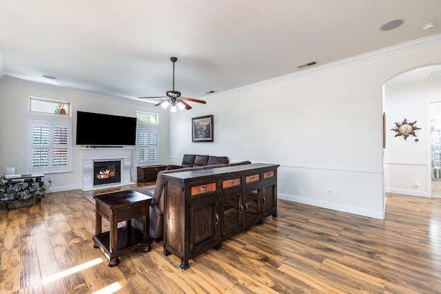 520 W Warwick, Clovis, CA 93619 - living area with arched walkways, a ceiling fan, wood finished floors, ornamental molding, and a glass covered fireplace