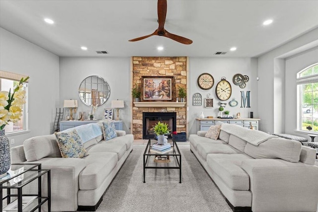 1117 E Royal Dornoch Ave, Fresno, CA 93730 - living area featuring recessed lighting, a ceiling fan, and a stone fireplace