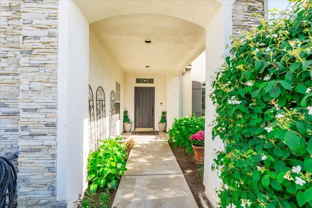 1117 E Royal Dornoch Ave, Fresno, CA 93730 - property entrance featuring stone siding and stucco siding
