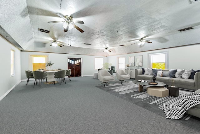 900 Sonora St, Madera, CA 93638 - living room with carpet flooring, a ceiling fan, plenty of natural light, and a textured ceiling