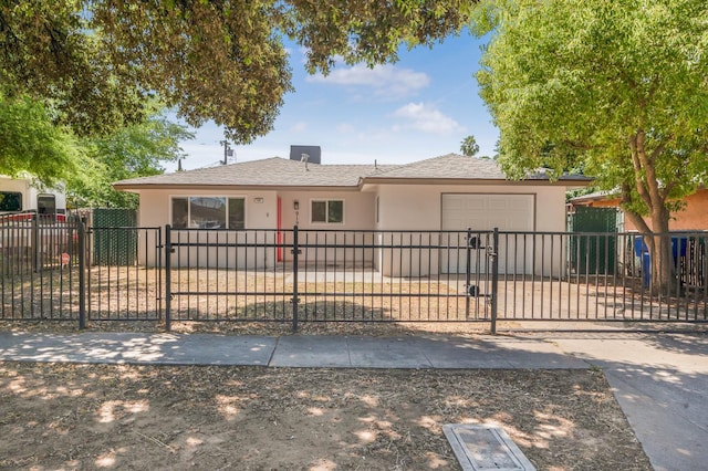 ranch-style home featuring stucco siding, an attached garage, concrete driveway, and a fenced front yard