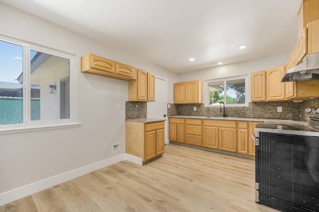 kitchen featuring under cabinet range hood, electric range, a sink, light brown cabinetry, and decorative backsplash
